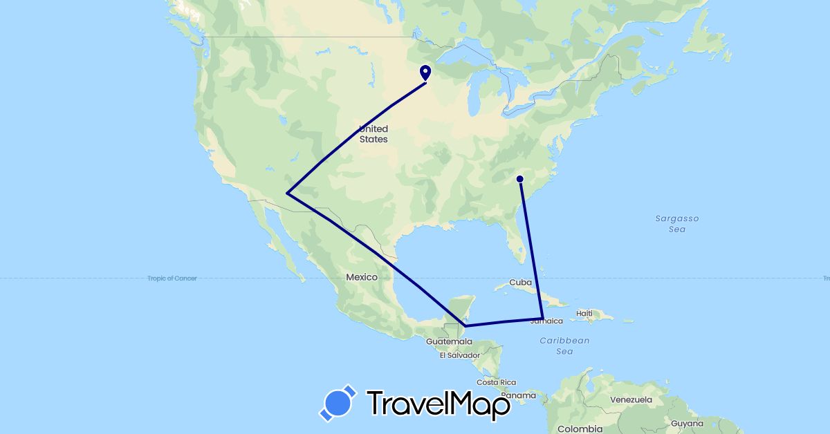 TravelMap itinerary: driving in Belize, Jamaica, United States (North America)